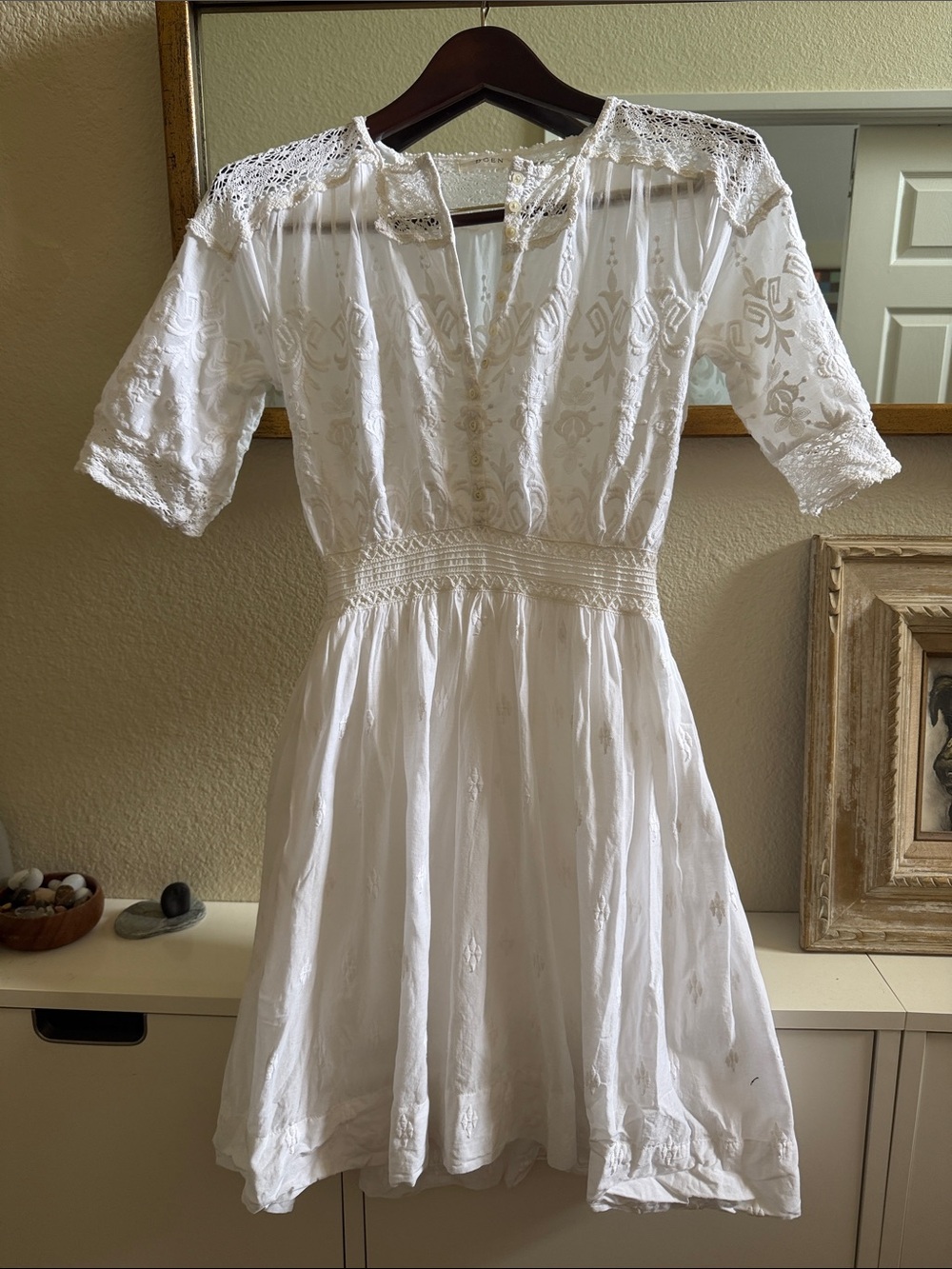 Doen White Embroidered Lace-Trim Mini Dress